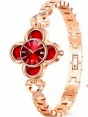 Women's Red Clover Shaped Watch Face-Smartwatch Waterproof Gold Tone Band-NEW